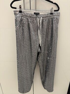 David Lerner Silver Sequin Jogger Pants with Drawstring - new without tags